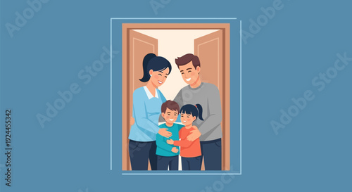 Happy family welcoming guests at the front door together.