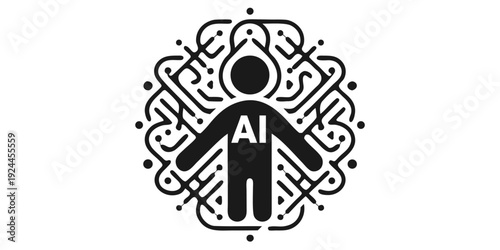Humanoid figure with AI text inside a circular pattern of interconnected lines and dots... de