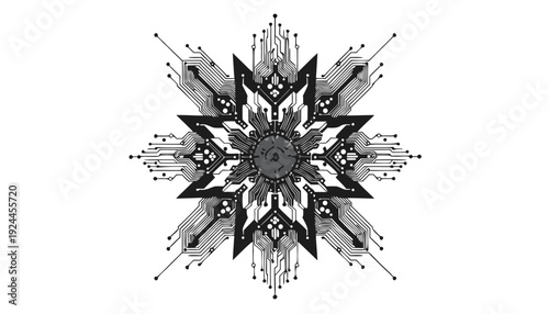 Intricate circular pattern resembling a snowflake or starburst composed of electronic circuit... des