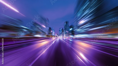 Abstract motion blur background of a night city road with light streaks, in purple and blue colors. High-speed driving in the modern metropolis displays glowing line energy trail.