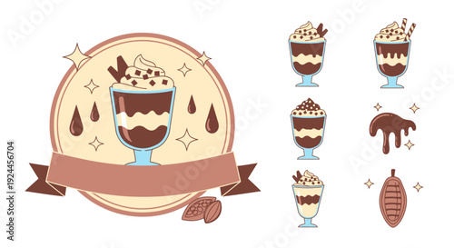 Assorted desserts illustration featuring sundaes and decorative elements in a circular frame showcasing various sweet treats
