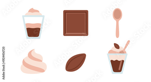 Assorted chocolate desserts and treats displayed with a spoon in a digital illustration