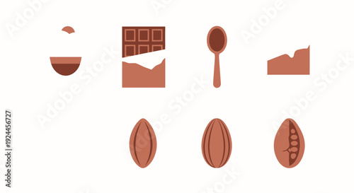 Assorted chocolate icons including bars, beans, and utensils displayed in a minimalist illustration style.
