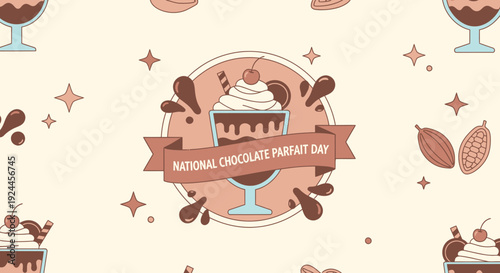Celebrating National Chocolate Parfait Day with layered desserts and sweet treats in a festive illustration