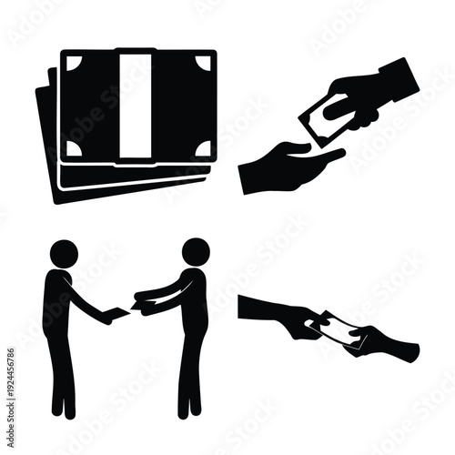 Icons representing money transaction, payment, giving and receiving cash, and financial exchange