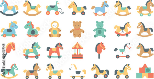 Colorful Wooden Toy Icons Set with Rocking Horses Teddy Bears Carousel and Pull Along Animals for Kids Playground and Nursery Vector Design.