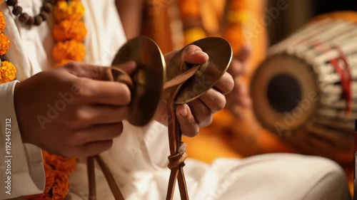 Close up Of Hands Clashing Cymbals During Traditional Indian Religious Ceremony Wearing White Clothing And Orange Garlands