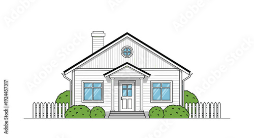 A charming traditional white house with a gabled roof, small porch, blue-framed windows, and a white picket fence is depicted.
