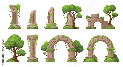 Eight ancient stone ruins, including columns, arches, and a staircase, are heavily covered with green vines and small trees on a plain background.