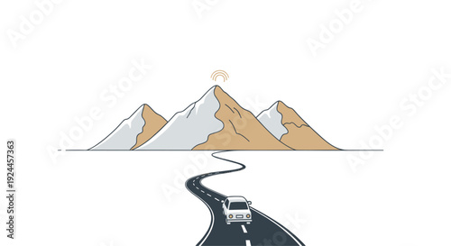 A winding asphalt road with white lines leads a small white car towards three snow-capped mountains under a clear sky, depicted with a minimalist style.