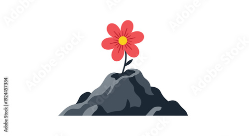 A stylized red flower with a bright yellow center and a green stem emerges from a smooth, rounded grey mound of earth, depicted against a white background.