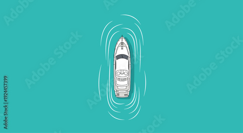 A sleek, white yacht is depicted from a top-down aerial view, creating concentric ripples on a vast expanse of calm, turquoise blue water, with no visible horizon.