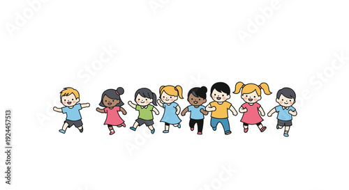 A line of eight diverse smiling children, both boys and girls, run from left to right on a plain white background.