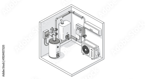 An isometric illustration shows a utility room with a water heater, boiler, air conditioner, and various pipes and wires on light gray walls.