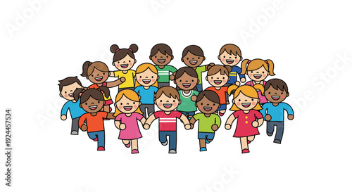A large, diverse group of approximately fifteen smiling children, both boys and girls, run forward holding hands on a white background.