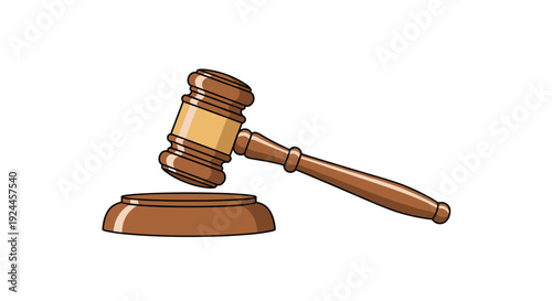 A wooden judge's gavel with a metallic band rests diagonally on its sound block against a plain white background.
