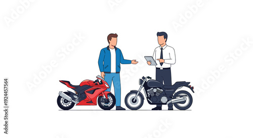 Two men, one in a blue jacket and one in a white shirt, stand between a red sport bike and a black cruiser on a white background.