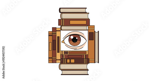 A single human eye with a brown iris is centered within a cross-shaped stack of brown-toned books on a white background.