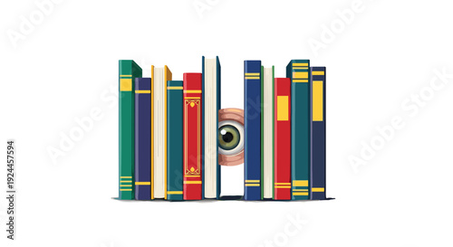 A single human eye with a green iris peeks from between two books in a colorful horizontal row on a white surface.