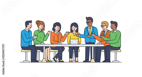 A colorful illustration of seven diverse individuals seated around a long table, actively conversing and gesturing during a collaborative meeting on a white background.