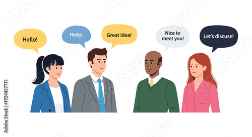 A friendly illustration of four diverse individuals standing with colorful speech bubbles above their heads, expressing greetings and ideas on a white background.
