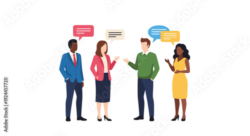A modern illustration of four diverse individuals standing and gesturing during a lively conversation, indicated by colorful speech bubbles on a white background.