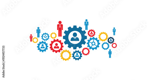 A vibrant illustration depicting a large central blue gear with a person icon, surrounded by numerous smaller multicolored gears and person icons on a white background.