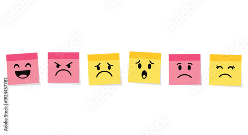 Six rectangular sticky notes, alternating pink and yellow, are arranged horizontally, each displaying a different hand-drawn emoji face expressing various emotions.