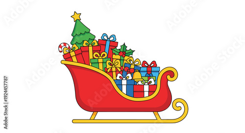 A vibrant red sleigh, featuring yellow runners, is overflowing with numerous colorful wrapped Christmas presents, a green tree, and festive decorations.