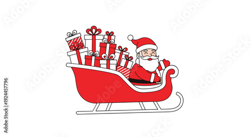 A cheerful Santa Claus, wearing a red suit, sits inside a red sleigh filled with wrapped Christmas presents against a plain white background.
