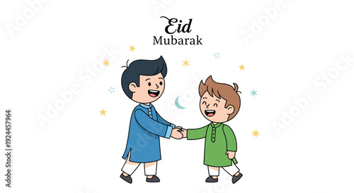 Two cheerful cartoon boys in traditional attire are shaking hands, with Eid Mubarak text and celestial elements above them.