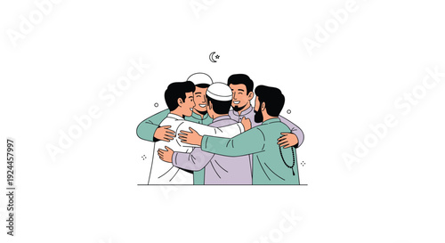 Five smiling Muslim men, dressed in traditional attire, are joyfully embracing in a group hug beneath a crescent moon and star symbol.