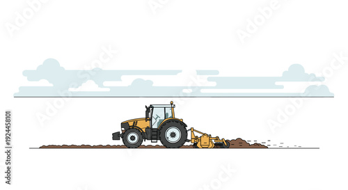 A modern yellow tractor with large black wheels is diligently plowing a field, turning rich brown soil under a stylized sky with elongated, light blue clouds.