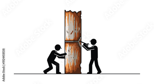 Two minimalist stick figures, depicted as workers, are diligently attempting to repair a severely rusted and segmented vertical pipe against a clean white backdrop.