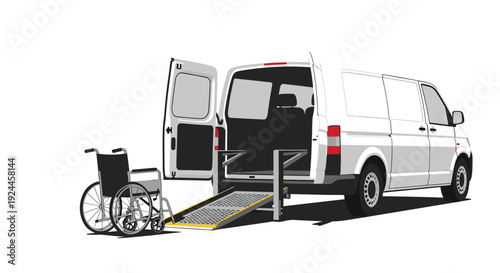 A white cargo van with its rear doors and side door open, featuring a deployed metallic wheelchair ramp and a silver wheelchair parked beside it on a light gray surface.