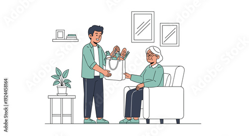 A young man in a teal shirt hands a white grocery bag to an elderly woman seated in a white armchair in a minimalist living room.