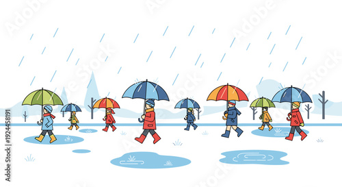 Eight cartoon children, each holding a colorful umbrella, cheerfully walk through light rain and puddles in a whimsical outdoor setting.