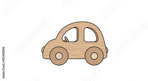 A charming light brown wooden toy car with matching wheels and a visible steering wheel is displayed against a clean white background.