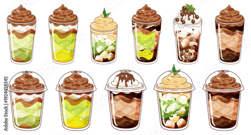 Complete Beverage Illustration Set with Pandan Jelly, Boba, and Tropical Fruits