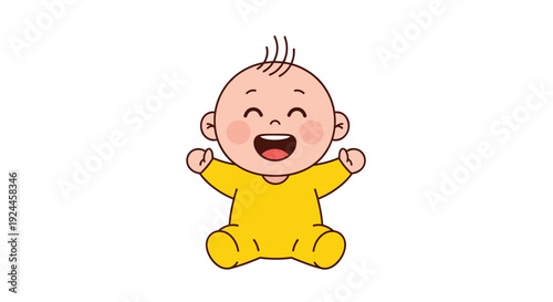 A joyful cartoon baby, dressed in a vibrant yellow romper, sits with arms raised and a wide open-mouthed smile.