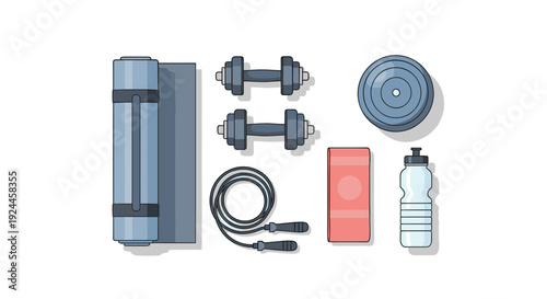 A comprehensive collection of fitness equipment, including a blue yoga mat, dumbbells, a weight plate, and a jump rope, is arranged in a flat lay.