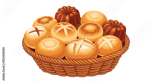A deep brown wicker basket is abundantly filled with an assortment of freshly baked bread rolls and fluted bundt cakes.