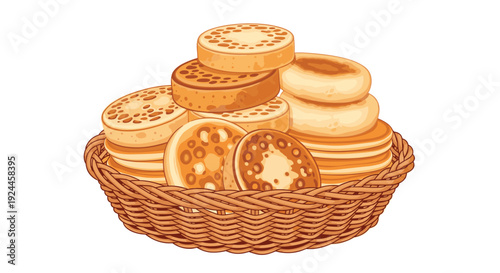 A rustic woven basket is overflowing with multiple stacks of golden-brown English muffins and crumpets, showcasing their textured surfaces.