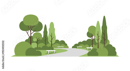 A flat design park scene features a winding gray path bordered by dense green bushes, numerous stylized trees, and two white park benches.