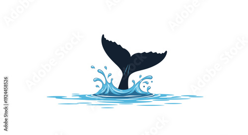 A dark blue whale tail vigorously splashes into pixelated water, creating numerous droplets and concentric ripples in an energetic aquatic scene.