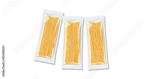 Three transparent plastic packages of golden-yellow spaghetti are fanned out diagonally on a clean white background.