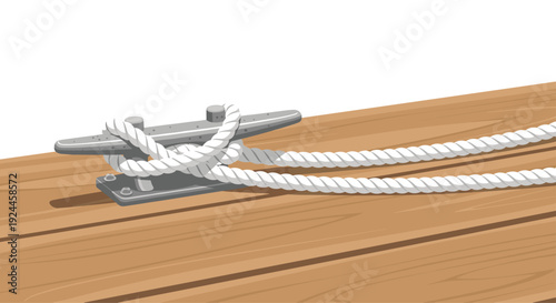 A silver boat cleat with a white rope tied around it is securely fastened to a light brown wooden dock or deck surface.
