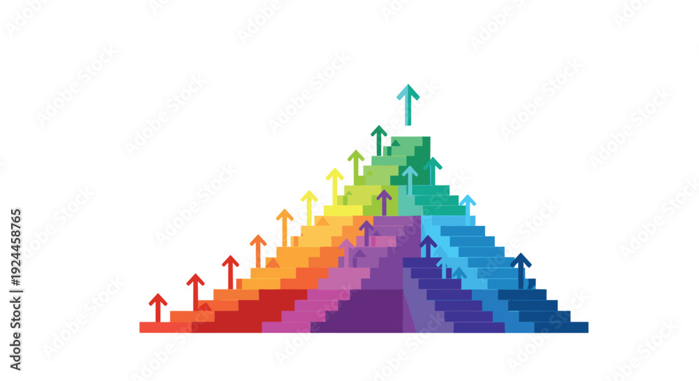Fototapeta premium A striking pyramid-shaped structure made of numerous colorful stairs with multiple upward arrows ascends from red to blue on a white background.