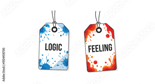 Two rectangular white tags, one with LOGIC and blue splatters and the other with FEELING and red splatters, hang from black strings against a white background.
