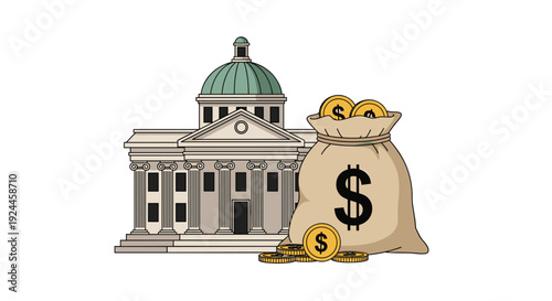 A detailed classical building with a green domed roof and columns stands beside an overflowing beige money bag with a dollar sign and gold coins against a white background.